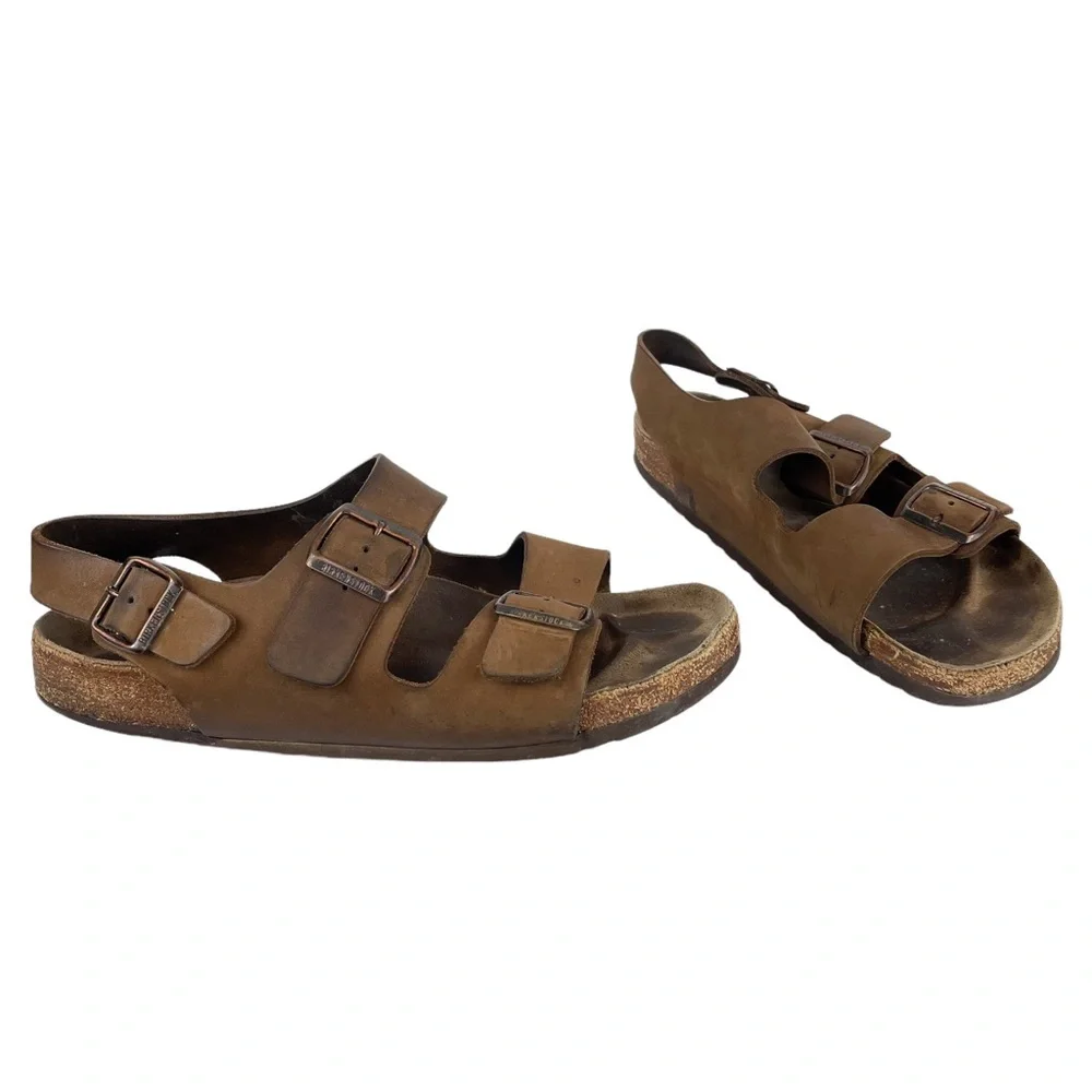 Birkenstock Mens Milano Brown Leather Buckle Straps Slingback Sandals Sz 10 / 43